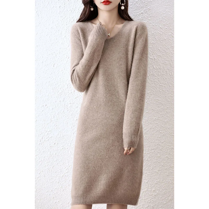 Hot Sale 100% Pure Wool Knitted Sweater Women Dress Winter/ Autumn V-Neck Female Dresses Long Style S-XXL Pullovers Girl Clothes