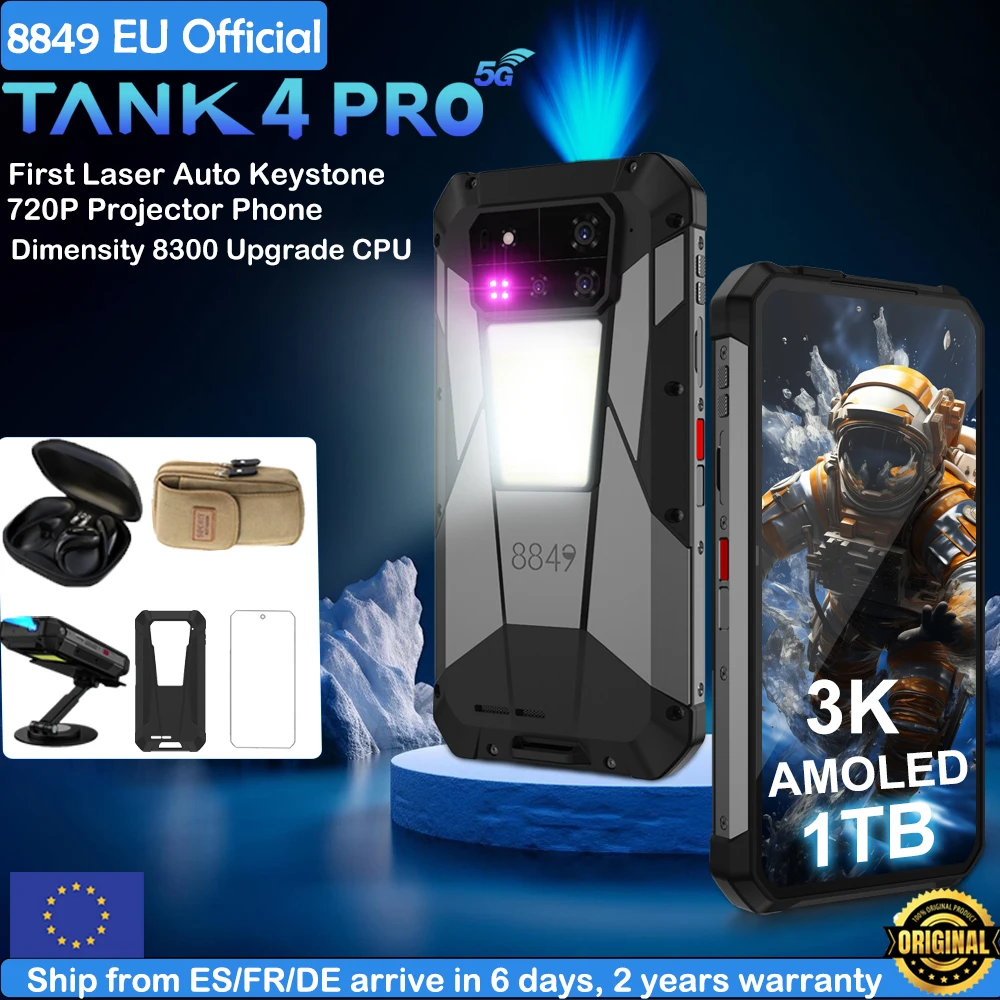 8849 Tank 4 Pro Unihertz 5G AI projecteur robuste Smartphone 1 to + 36G dimension 8300 AMOLED 3K Android 14 6.78 ''120 HZ 11600 mAh