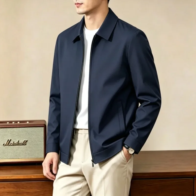 Herrenjacke mit Umlegekragen im Old-Money-Stil, einfarbig, lässige Oberbekleidung, Herbst 2026, neue Reißverschlussjacke – Detail 3