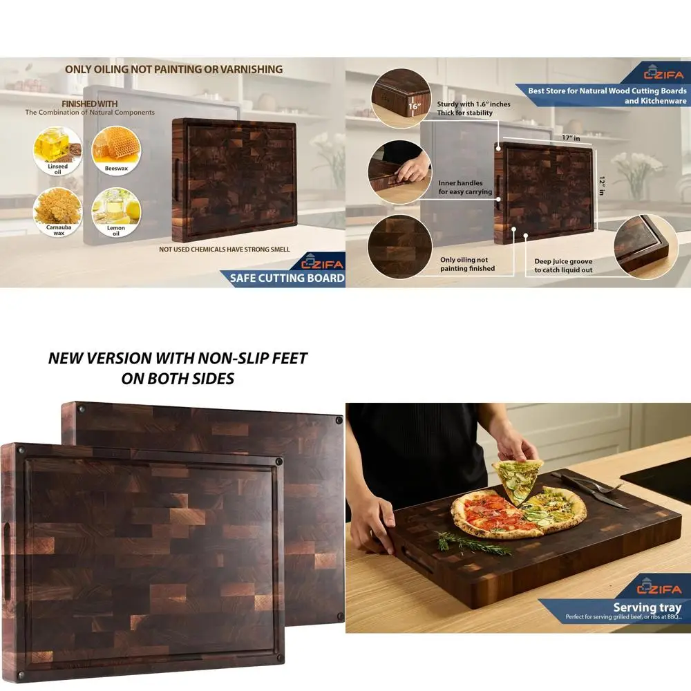 

17x12 Inch End Grain Dark Walnut Cutting Board with Juice Groove, Handles, and Gift Packaging