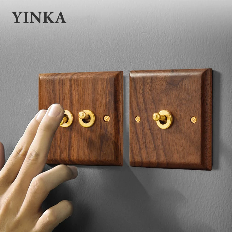 

YINKA Wood Retro Classical Toggle Light Switch Socket Panel, Home Retro EU FR UK Universal Electrical Socket USB Charge Vintage