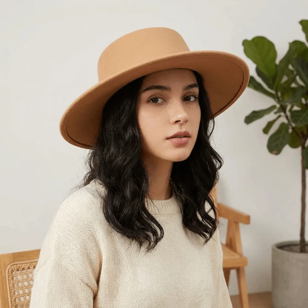 Chapeau Bob Style Hepburn Couleur Unie, Chapeau en Feutre à Bord Large et Dessus Plat Style Britannique, Chapeau Fedora pour Décoration Photo, Chapeau Jazz Femme