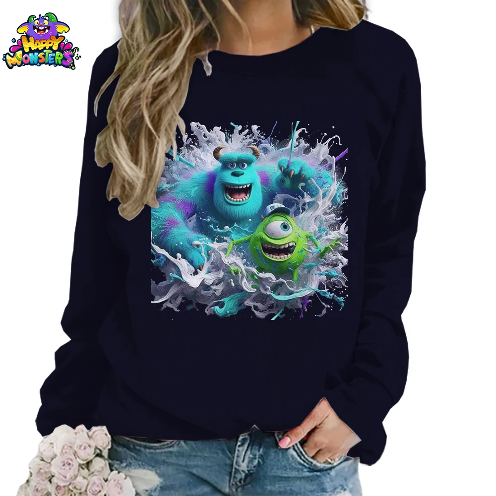 Women\'s Long Sleeves Sweatshirts O Neck Disney Monsters Inc. 2024 S-3XL Youthful Woman Clothes New Lovely Y2k Fashion 3D Print