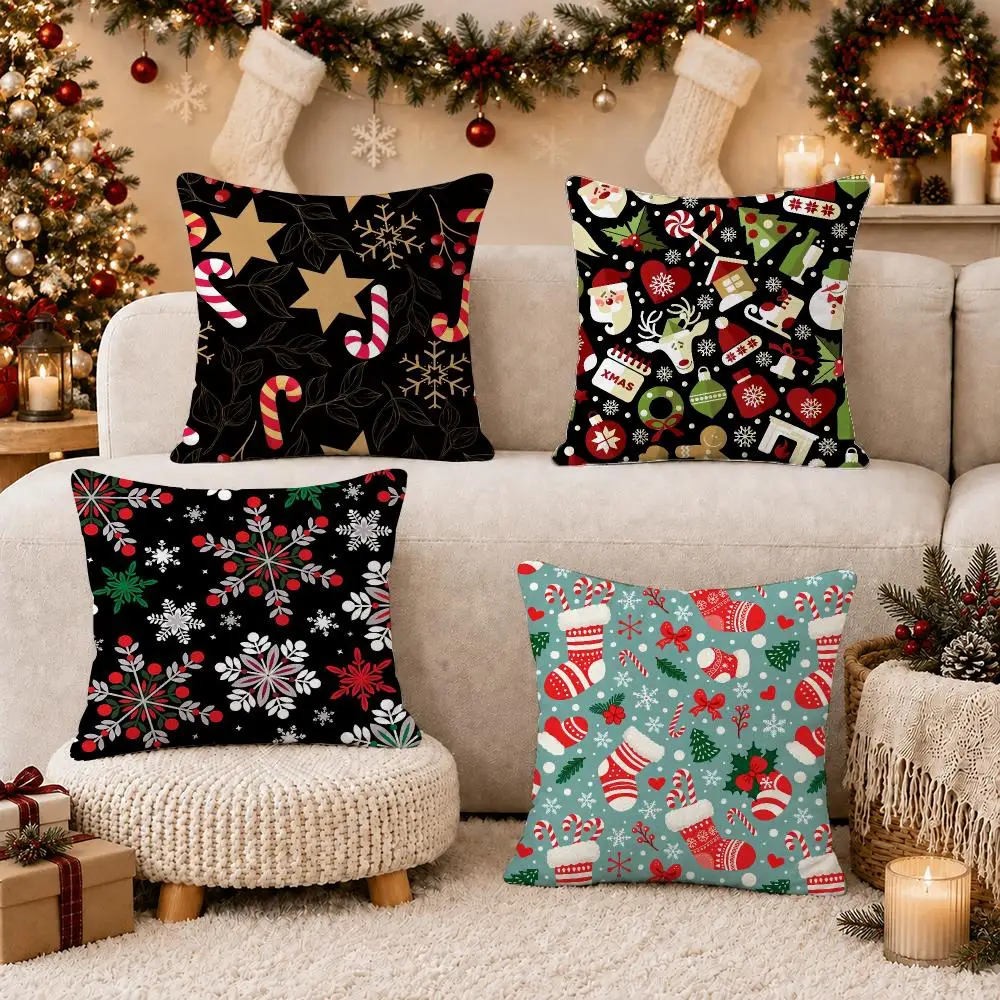 Christmas tree bells snowman Cushion Cover Soft Short Plush Double-Sided Printing Sofa Home Decor Festival Pillow Case Gifts