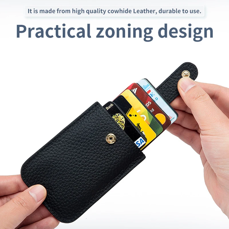 Genuine Leather Slim Card Holder Quick Access Pull Tab RFID Lining Soft Cowhide Men Women Portable Bill Wallet Credential Cover