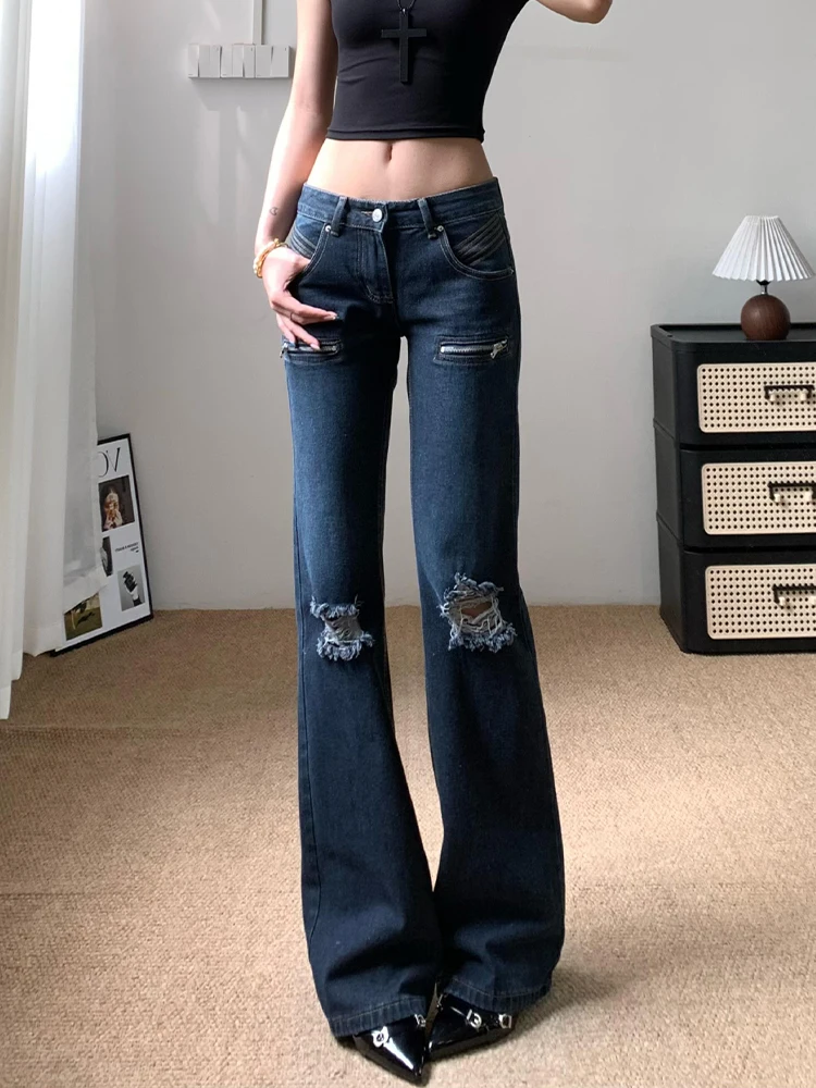 

American Style Spicy Girl Design Zipper Ripped Denim Jeans Women Summer Thin Retro Loose Slimming Floor-Length Pants
