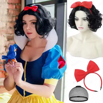 女士合成短黑色捲髮波波頭假髮,白雪公主角色扮演假髮,配上紅色蝴蝶結髮箍,適合萬聖節角色扮演派對 8 最佳銷售 公主假髮 - №5