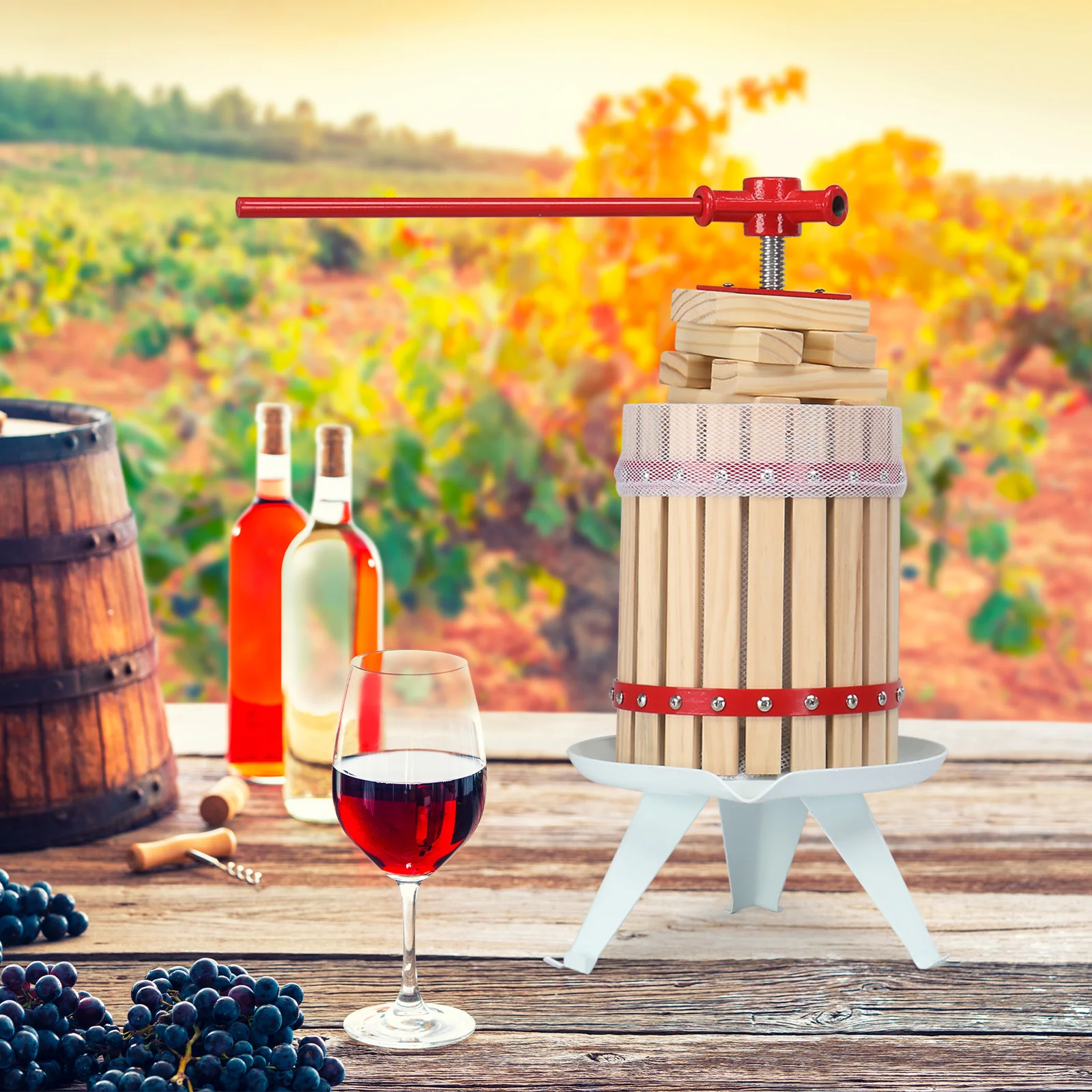 1.6Gallon/6L fruit wine squeezing barrel, red oak barrel juicer， Manual juicer suitable for kitchen, home, and outdoor use