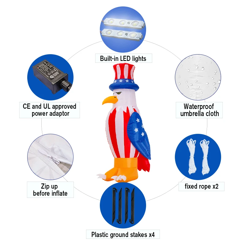 5.9 قدم عيد الاستقلال الوطني 4th من يوليو نفخ النسر الأمريكي أصلع مضاءة تفجير الطرف الديكور للخارجية في الأماكن المغلقة