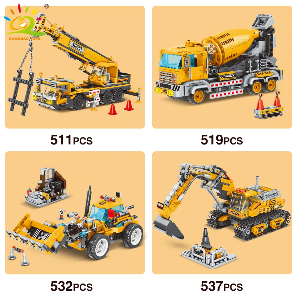 HUIQIBAO TOYS 2in1 Engineering Truck Building Blocks Crane Bulldozer Excavator Car City Construction MOC Bricks For Children Kid