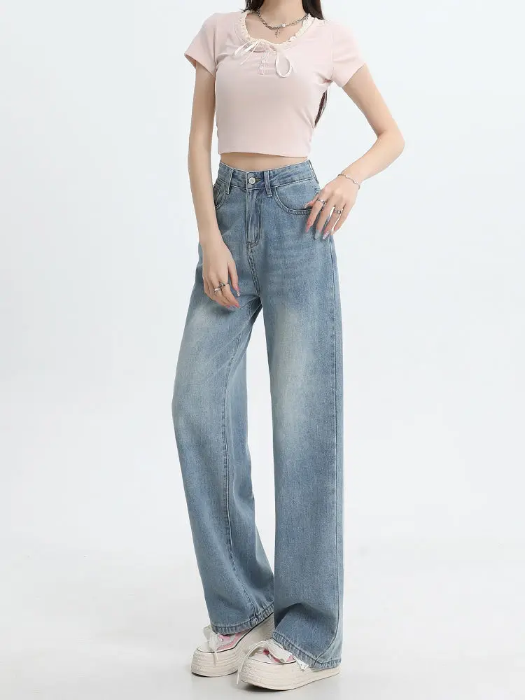 Retro Wide Leg Jeans for Women\'s Summer Slim 2024 New High Waisted Spicy Girl Narrow Version Spicy Girl Drape Straight Leg Pants