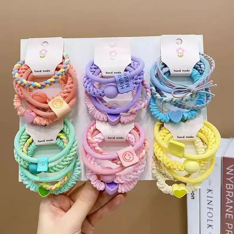 5 Stuks Nieuwe Aset Schattig Klein Meisje Scrunchie Hoog Uiterlijk Niveau Meisje Lachend Gezicht Love Head Tie Rubberen Band Haaraccessoires