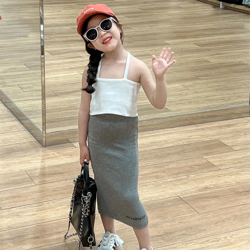 

Skirt Summer Korean Childrens Clothing New Girls Sweet Cool Backless Sling Vest Grey Long Simple Fashion 2025 Solid