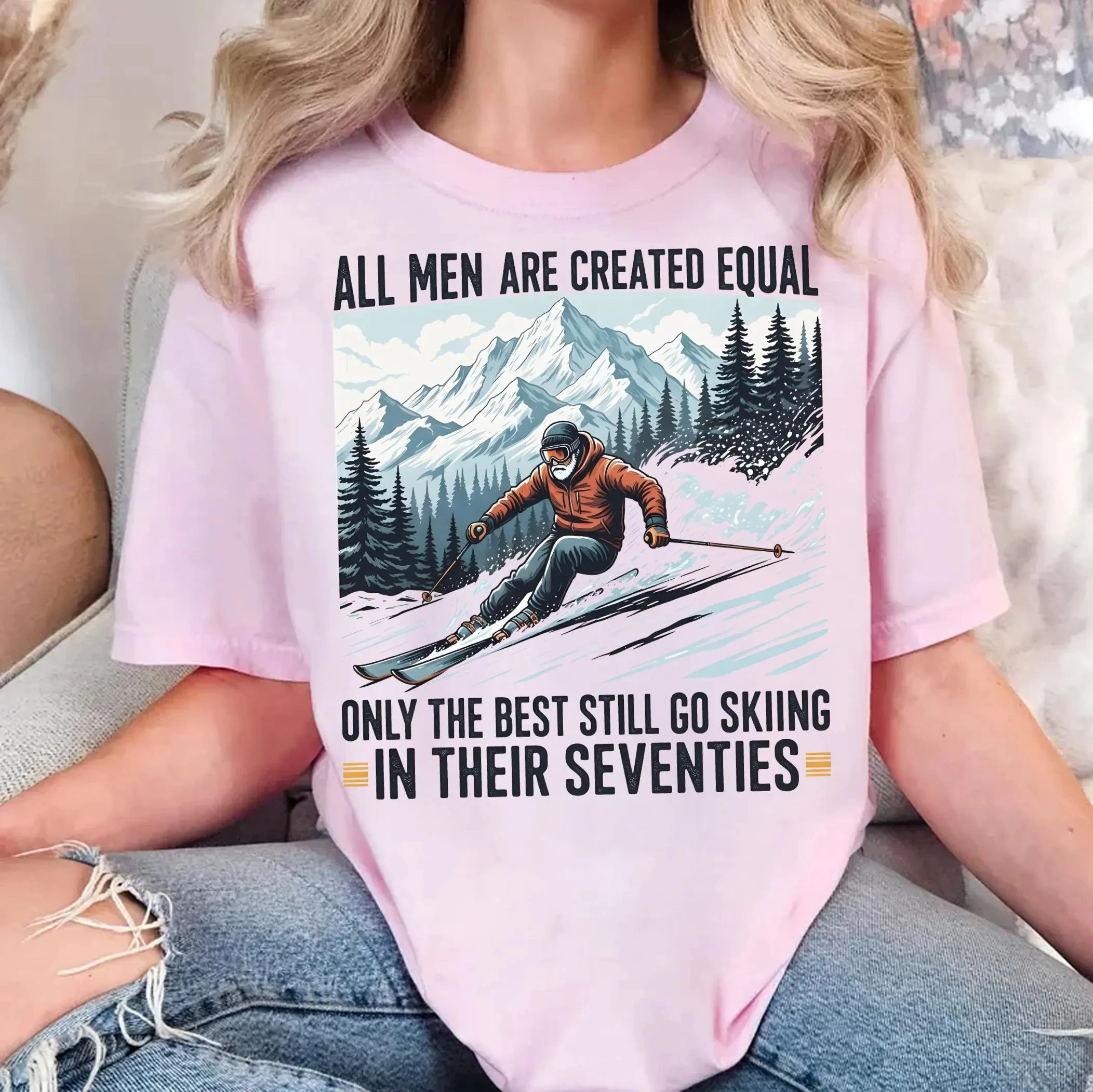 Skiing T-Shirt, Seventies Skier Tee, Funny Ski Gift, Equal Created, Best Go Skiing, Retirement Shirt, Old Man Skier