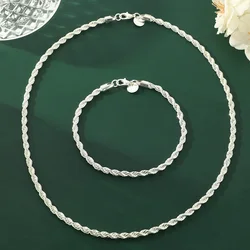 2pcs Silver Plated Necklace Bracelet For Men And Women Simple Hip Hop Style 4mm Twisted Twist Rope Iron Chain With Copper Lobste