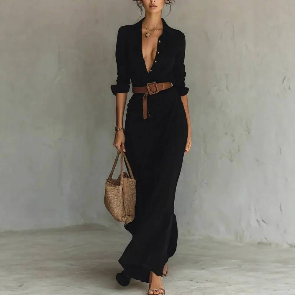 Elegant Lady Long Sleeve Lapel Shirt Dress Fashion Irregular High Waist Belt Commute Maxi Dress Casual Single Breasted Dresses