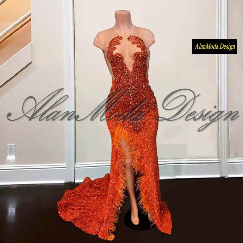 Luxus orange Ballkleider für schwarze Mädchen Strass Kristall grün Meerjungfrau Party kleider schiere Hals Federn Vestidos de Fiesta