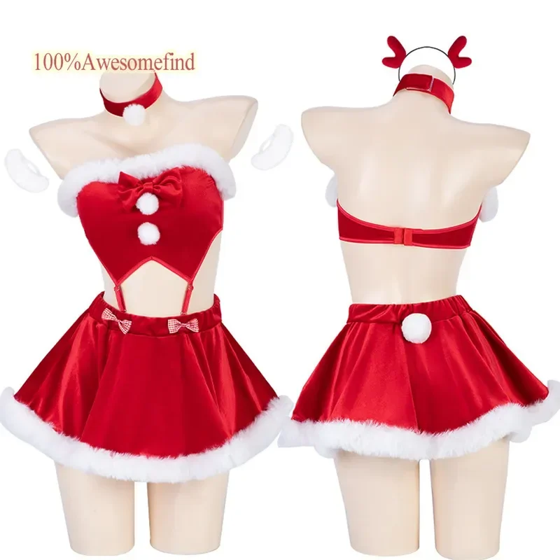 2024 女性クリスマスクリスマスレディサンタクロースエロコスプレ衣装ヘラジカセクシーなランジェリーエキゾチックな冬分離制服ファンシー D MN1