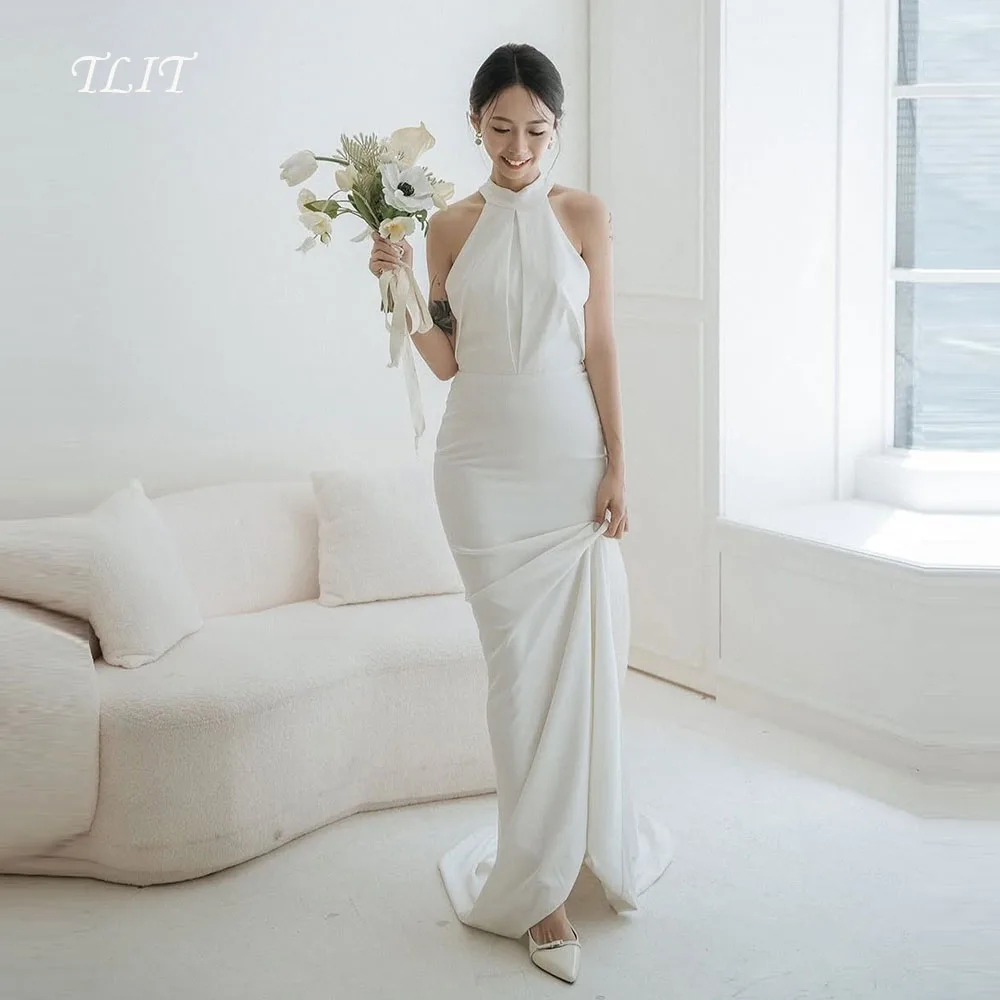 

TLIT Elegant White Elastic Satin Evening Dresses Customized Halter Draped Mermaid Prom Gowns Korea Wedding Dress Photo shoot