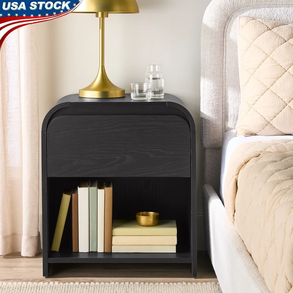

Contemporary Nightstand with USB Charging Port Storage Drawer and Open Cubby Bedroom Use