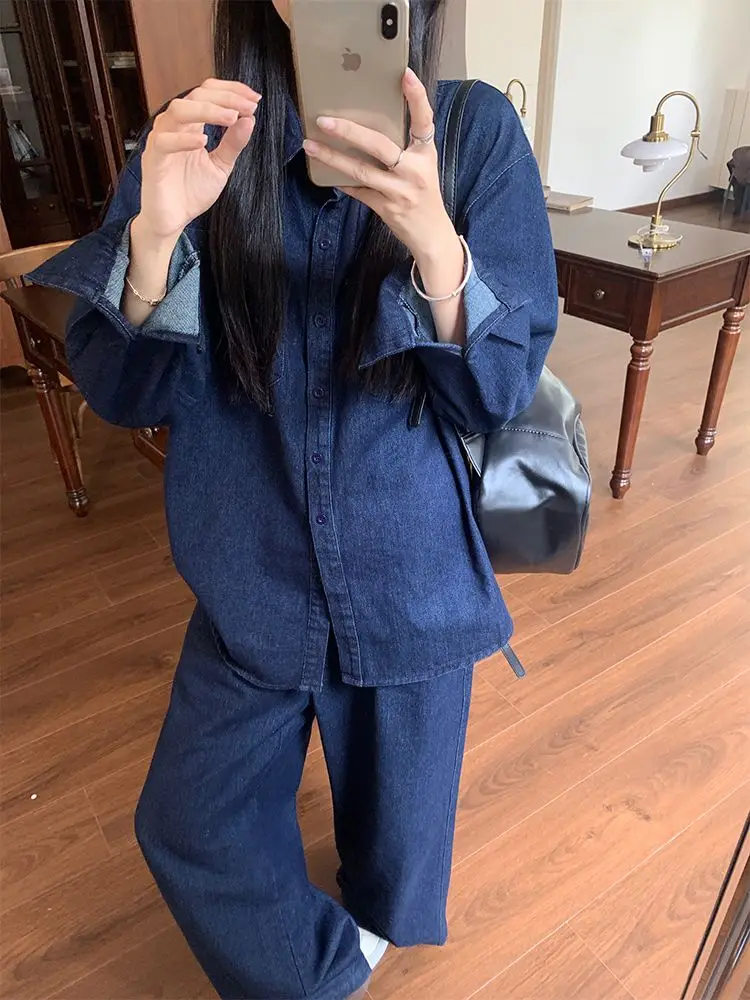 

2026 New Spring and Autumn Fashion Suit Retro Lapel Denim Shirt Women's High Waist Straight Pants Wide Leg Pants Two-piece Set