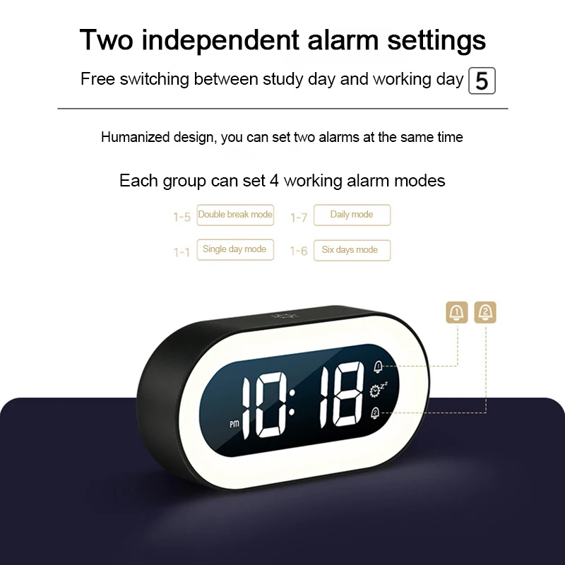 Electronic Digital Luminous Alarm Clock USB Charging Music Dual Alarm Stepless Dimming Desk Clock Night Light Student LED Clocks