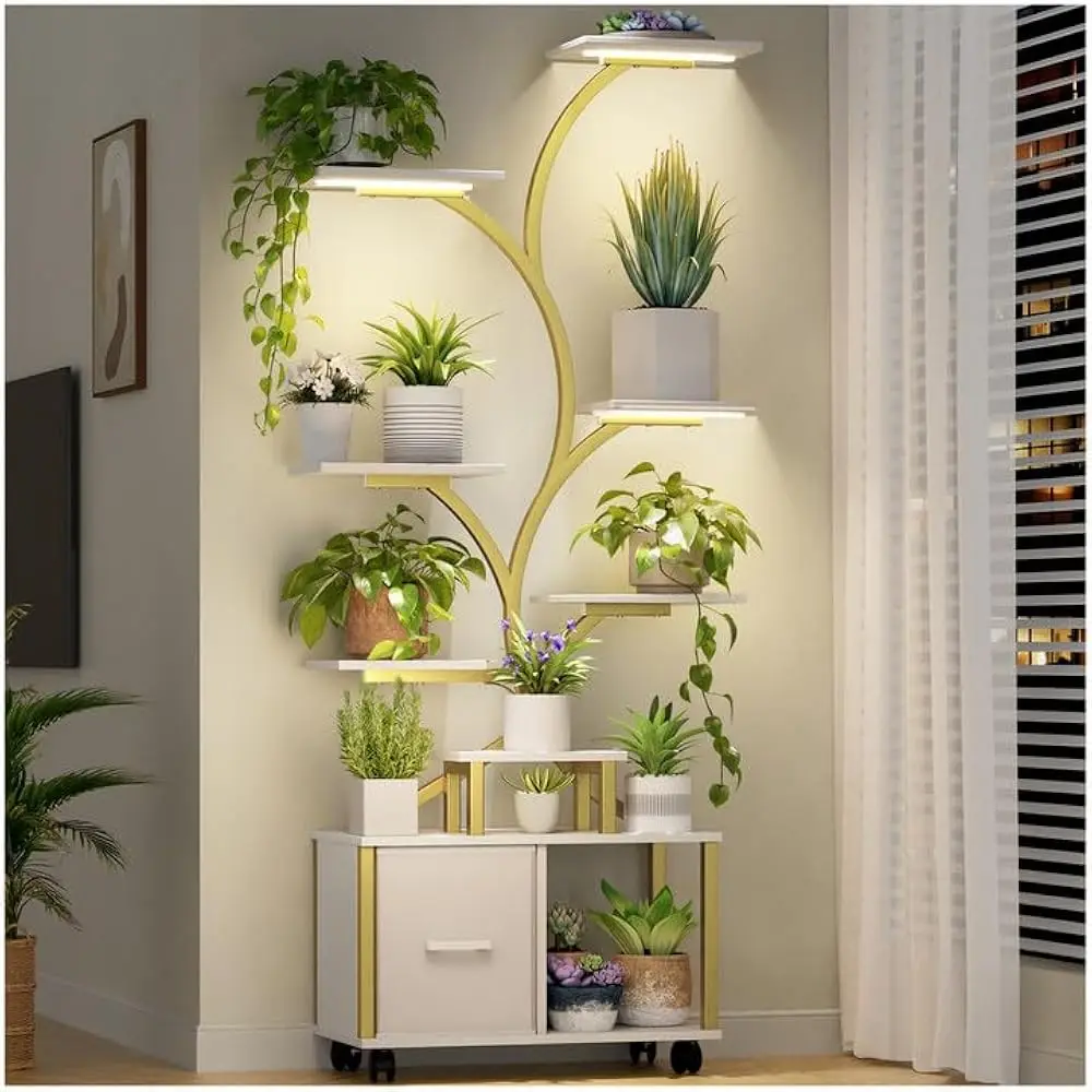 

65" Indoor Plant Stand with Grow Lights, Tiered Metal Plant Shelf w/ Wheels and Drawer, Plant Storage Rack for Home Decor