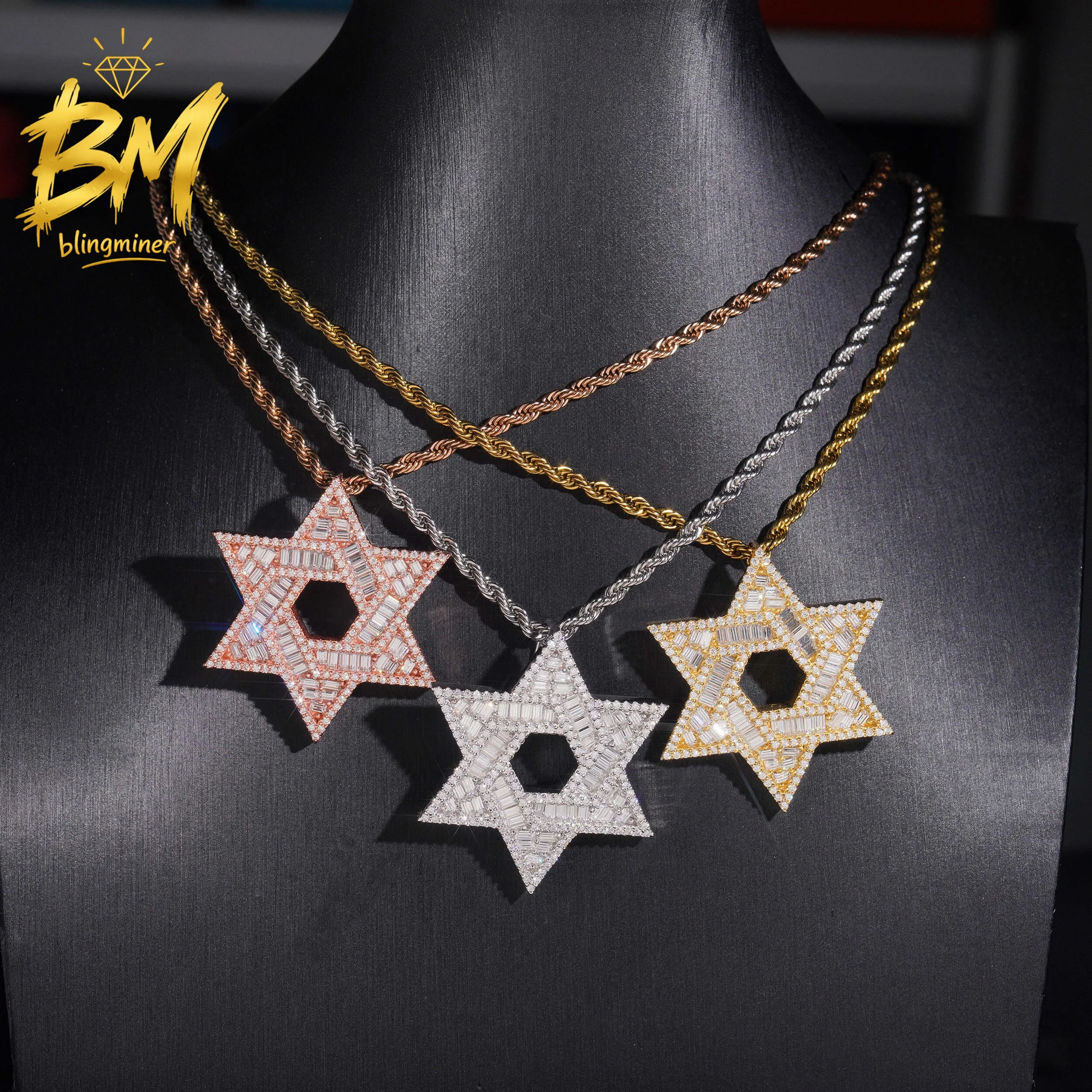 Blingminer Iced Out Star Shape  VVS Moissanite Pendant S925 Silver For Men Women Pendants Jewelry Pass Diamonds Tester