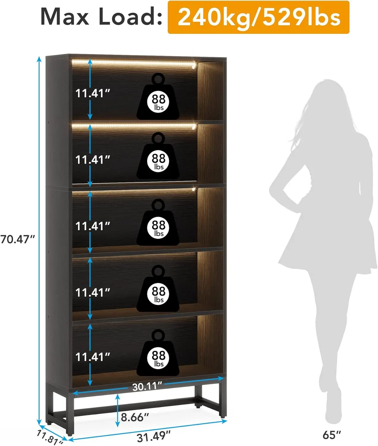 Tall Bookcase Black Bookshelf, 70.8” Large Bookcases Organizer with LED Lights, Heavy Duty Free-Standing Library Book