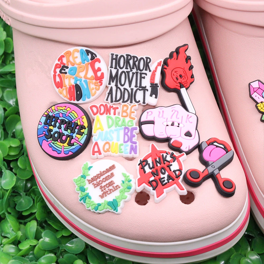 50Pcs Wholesale PVC Mix English Phrases Your Mental Health Matters to Me Slippers Charms Buckle Fit Kids Wristband