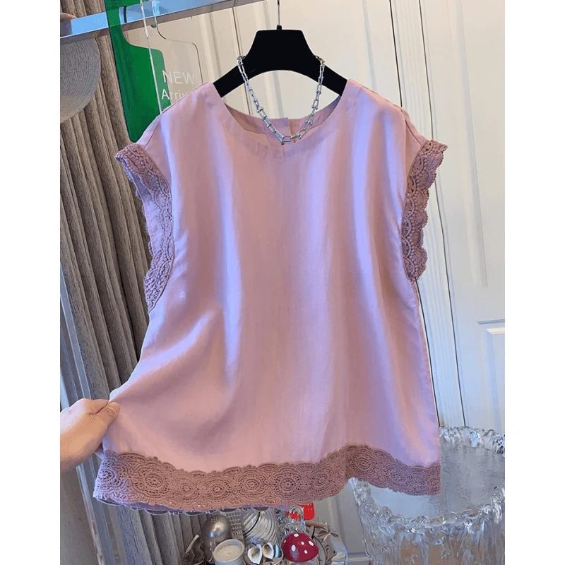 

Femme 2025 New Casual Korean Patchwork Lace Short Sleeve Shirts Summer Women Clothes Loose O-neck Sleeveless T-Shirts Top Tee