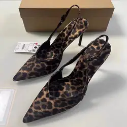 TRAF Woman Animal Patterns High Heels Chic Pointed Slingbacks Stiletto Pumps 2024 Shallow Mouth Leopard Party High Heels Shoes