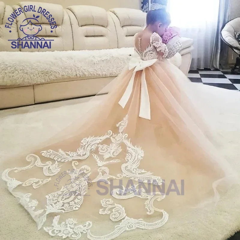 Champagne Lace Detachable Trailing Flower Girl Dress for Wedding Little Bridesmaid Birthday Holiday Party Prom 1-14 Years