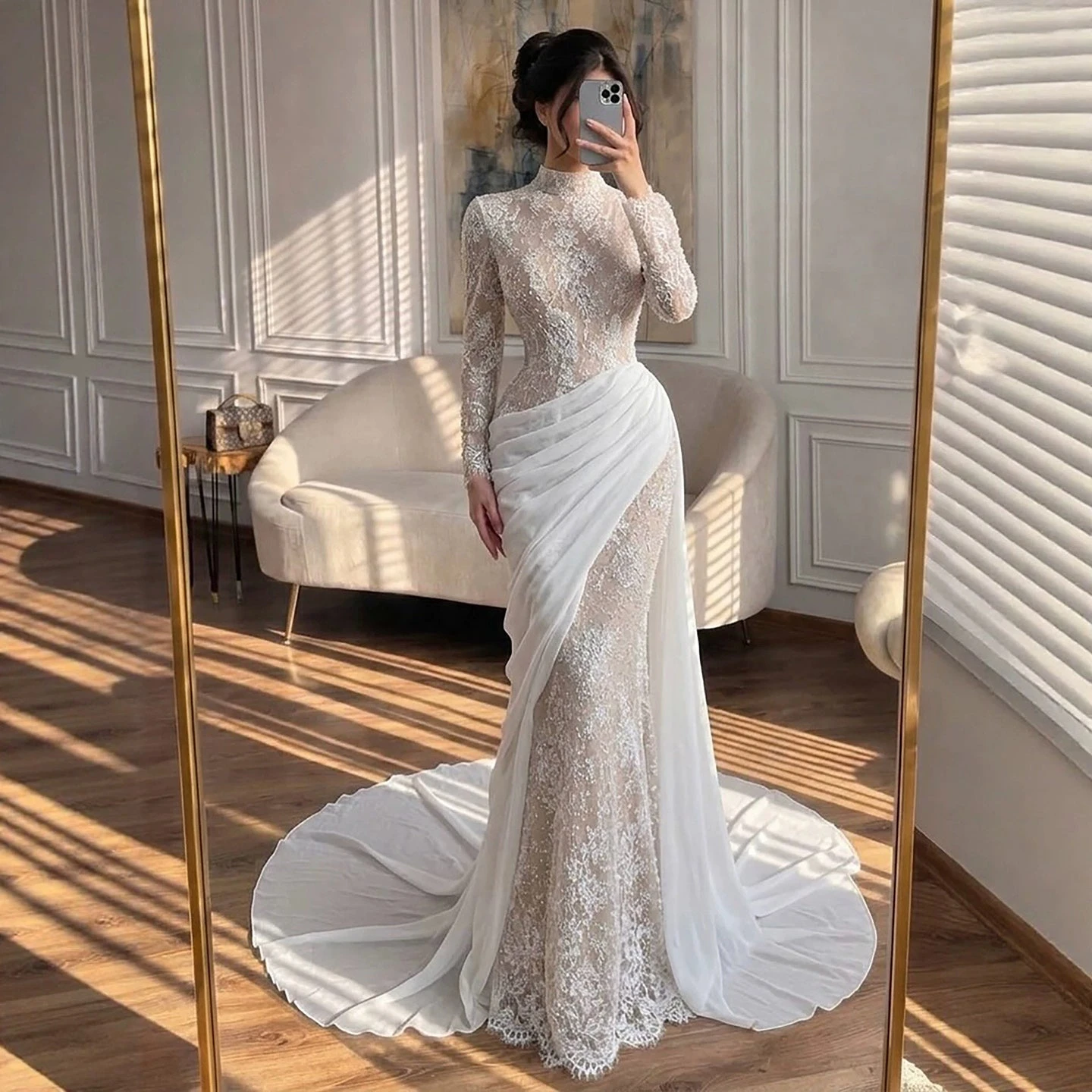 

Luxury Appliques Lace Customized Vestido De Novia Classic Long Sleeves High Collar Wedding Dress Mermaid Backless Bridal Gowns