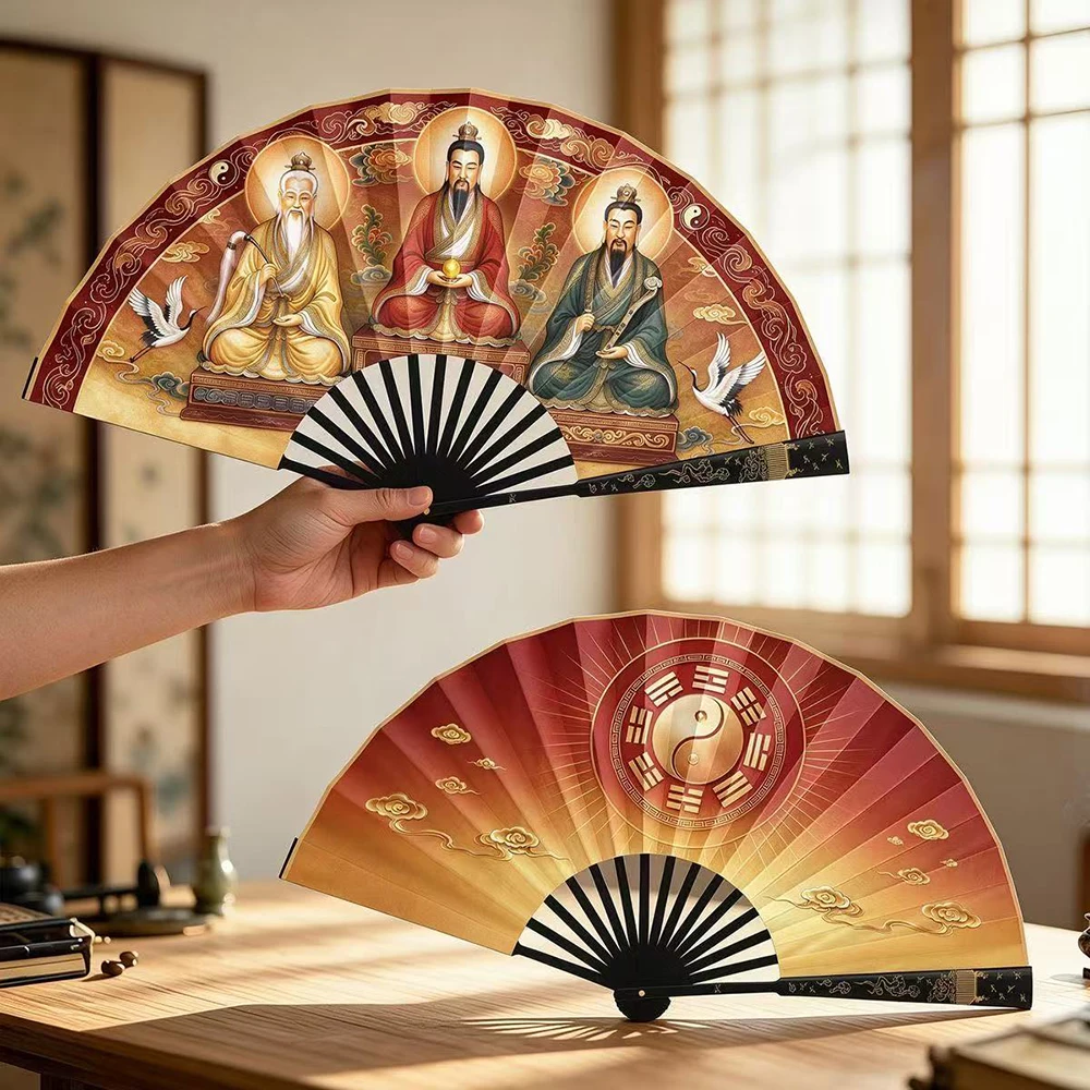 Taoist Sanqing Folding Fan |Bagua Black bamboo fan ribs Fabric surface Fan  | Chinese Bamboo Hand Fan for Home Decor & Gift