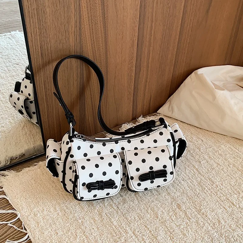 Sweet Polka Dot PU Underarm Shoulder Bag Women Double Pocket Hobo Handbag Vintage Daily Mini Baguette Purse White Blue