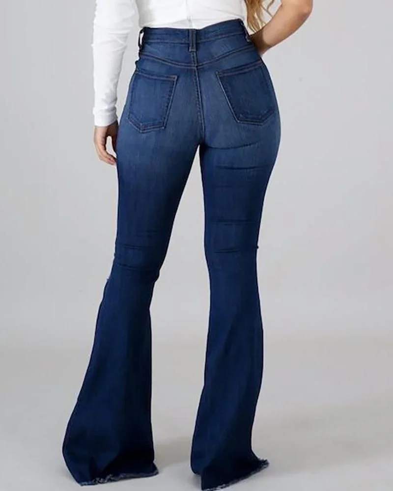 Frauen hohe Taille ausgestellt Jeans Mode lässig gebrochene Löcher Streetwear boden lange Hose weibliche Pendler weites Bein Jeans hose