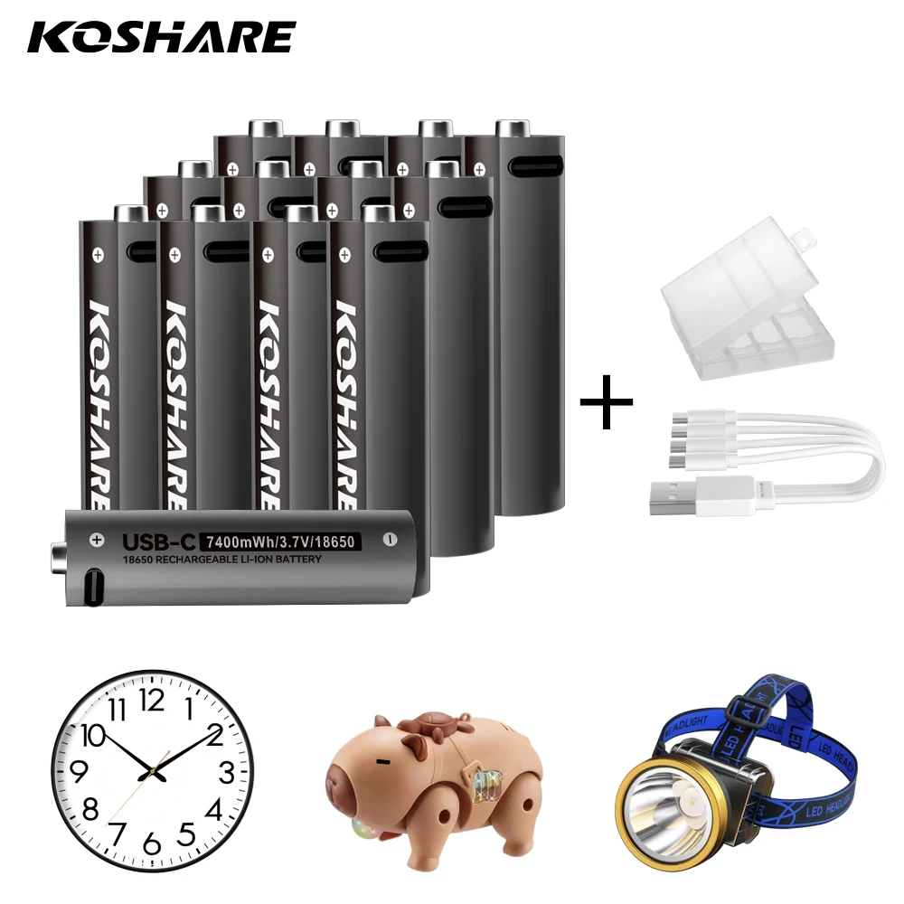 KOSHARE 3.7V 7400mWh Li-ion Rechargeable Batteries7400mWh18650 Lithium Battery For remote control drone+Type-C Cable Storage Box