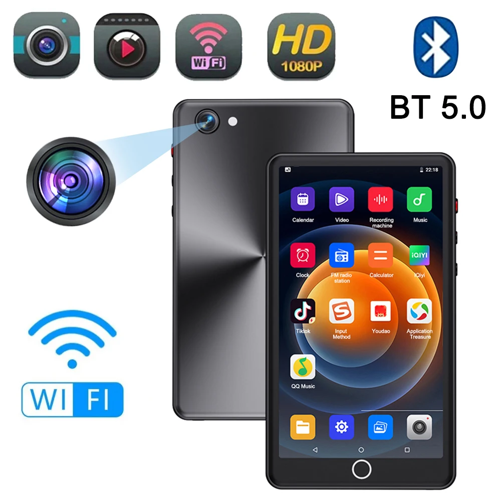 Tragbarer Wifi MP3-Player mit Kamera Metall Bluetooth 5.0 Full-Touch-Screen Android-System High-Fidelity-Audio-FM-Radio 16GB