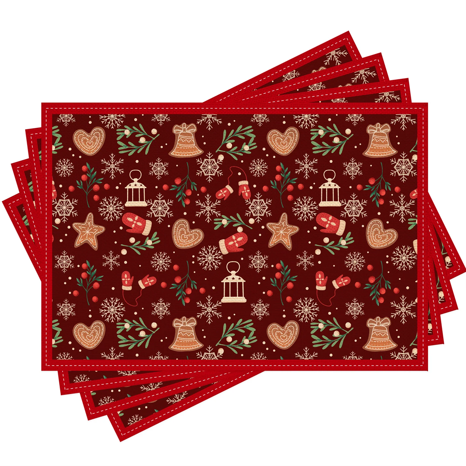 4pcs Snowflake Berry Branch Bell Gingerbread Heart Mitten Christmas Placemats 12x18 Inch Washable Table Mats
