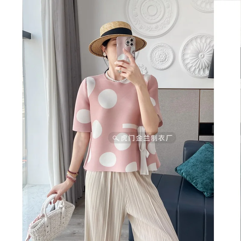 Pleats Original Pleated Polka Dot Print Tops Female Summer New Niche Design Sense Thin Inner Short-sleeved T-shirt Female