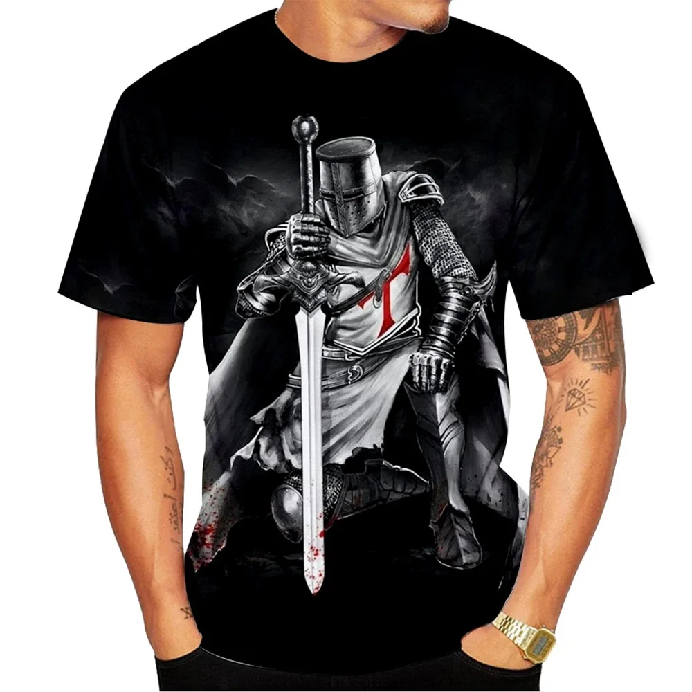 Trendy Men Knight Templar 3D Print T-Shirt Medieval Crusader Warrior Sword Armor Graphic Short Sleeve Crew Neck Novelty Tee