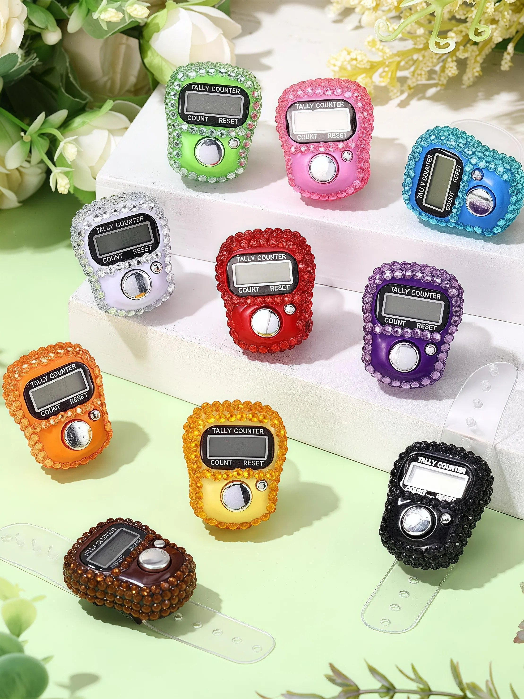 6 Colors Available Sparkling Rhinestone Finger Counter Portable Clicker Fitness/Prayer/Activity Counting Tool Tasbih Resettable