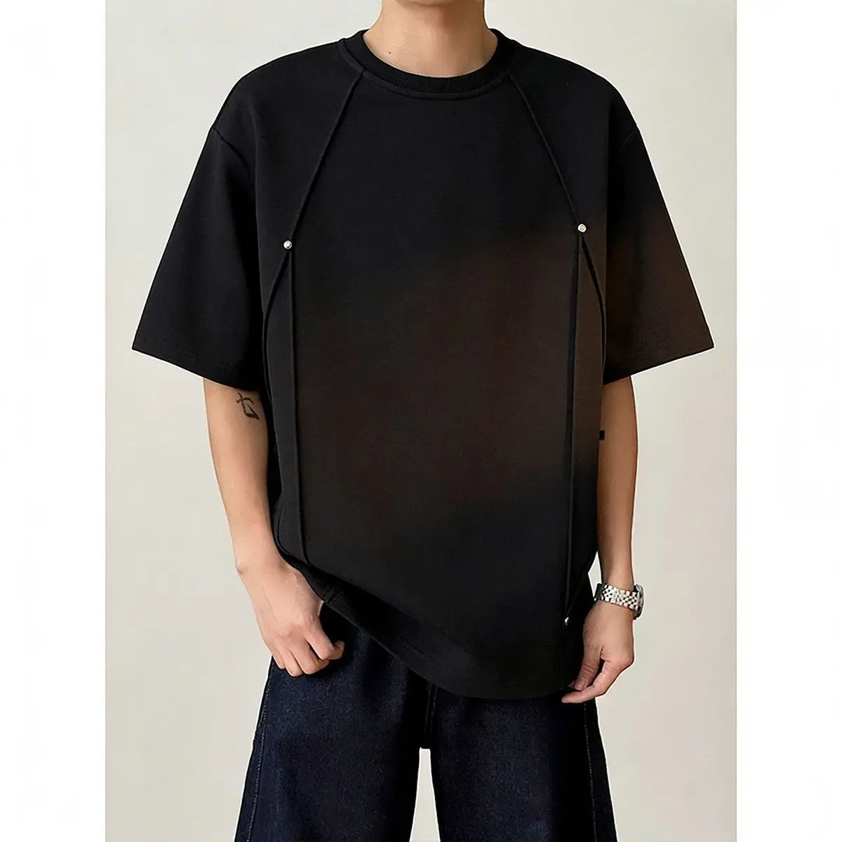 Modische Herren Kurzarm-T-Shirts mit Patchwork-Design, Locker Geschnittene Rundhals-Shirts, Streetwear, Einfarbig, Atmungsaktives T-Shirt – Detail 9