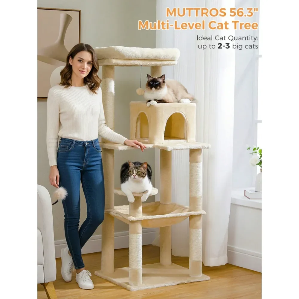 

56.3 Tall Cat Tree For Indoor Cats, MultiLevel Cat Tower With Super Large Hammock 20X16, Sisal Covered ching Posts, Cozy C