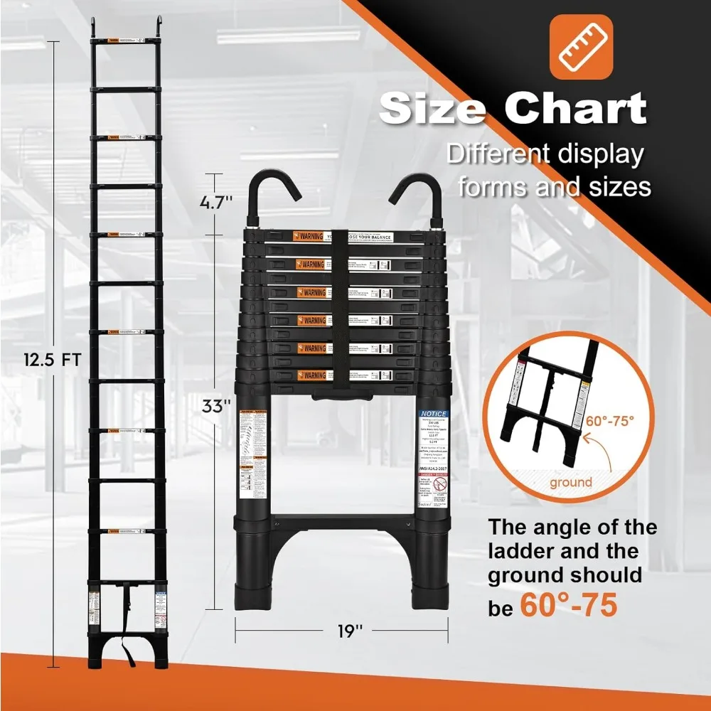 Aluminum Lightweight 12.5FT Telescoping Extension Ladder with 330lbs Capacity and 2 Triangle Stabilizers for Heavy-Duty Use