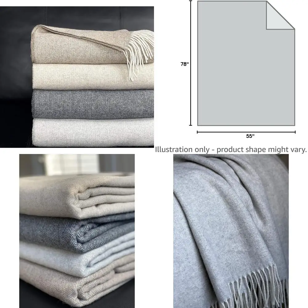 

Oversized Merino Wool Geo Herringbone Throw Blanket with Fringe for Minimalist Couch Décor