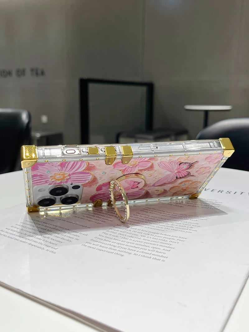 3D Oil Painting Butterfly Flowers Case for iPhone 16 Pro Max 15 14 13 12 11 Finger Ring Stand Protective Funda S24 Ultra