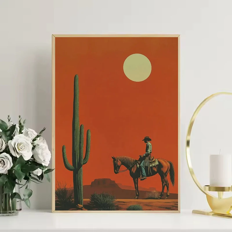 Minimalist Cactus Desert Cowboy Western Horse Wild Tender Poster Print Wall Art Pictures Canvas Painting Room Home Decor Gift