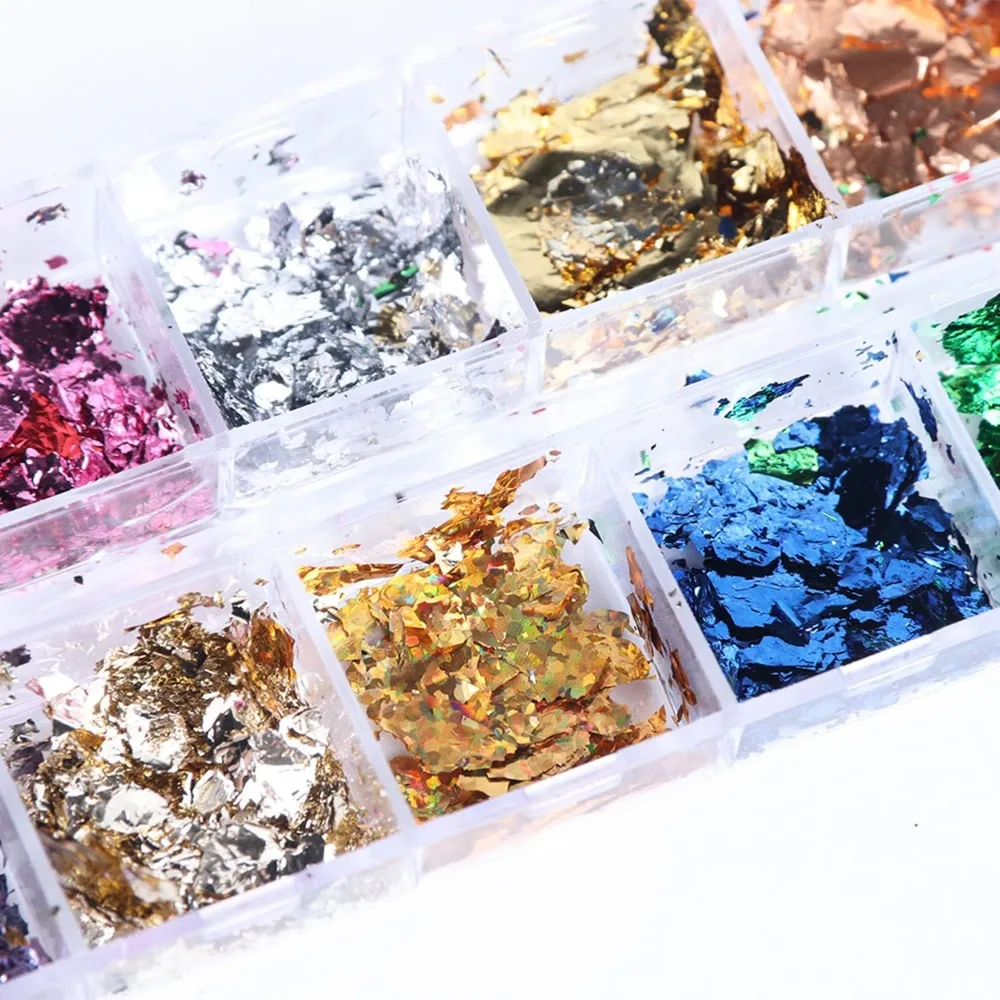 Ultra-Thin Aluminum Foil Nail Art Flakes, 12 Sparkly Holographic Glitters, Laser Sequins for DIY 3D Manicure Charms